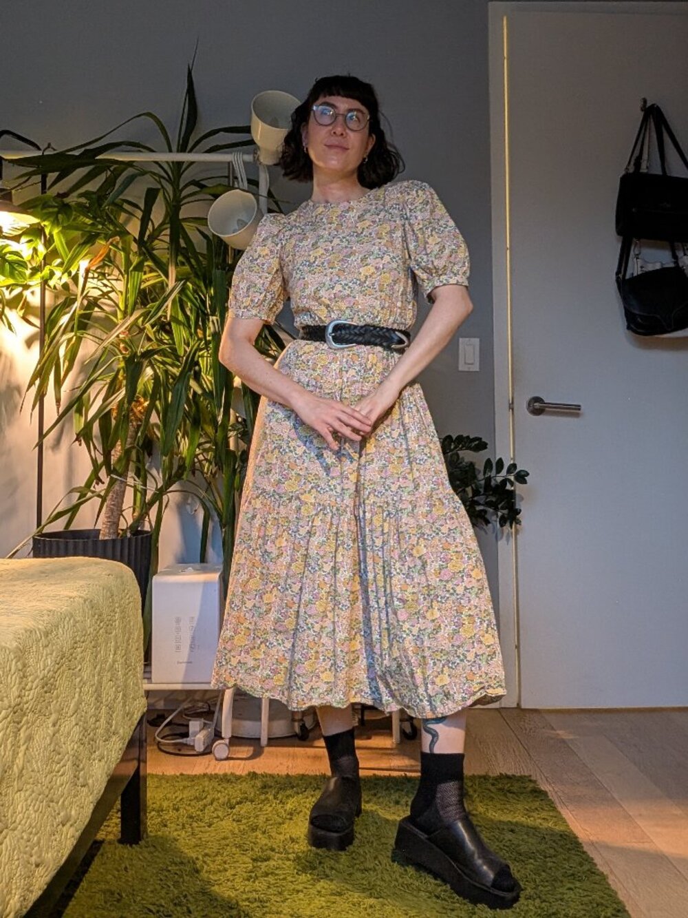 Yellow floral prairie midi dress, size S/M (estimated)